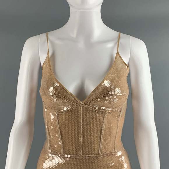 DAVID KOMA Beige Nude Mesh Spaghetti Straps Cocktail Dress - Picture 2 of 7